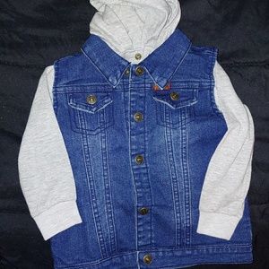 2 piece jean vest and gray sweatshirt